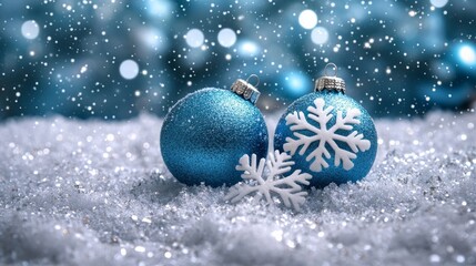 Two blue Christmas ornaments with a white snowflake in front of a snowy, bokeh background.