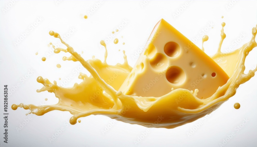 Wall mural a block of orange color cheese with holes in a splash of more orange cheese liquid on a white backgr