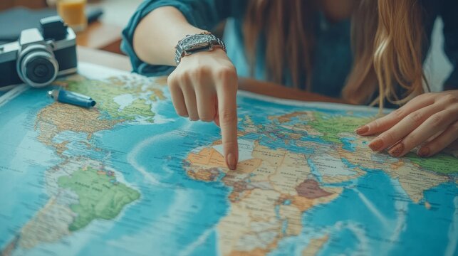 Travelers utilize a global map and other available travel accessories to plan their vacation. A young woman is pointing on a world map to North America.