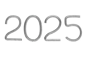 New Year 2025. Numbers are bent from steel reinforcement. Construction concept. Transparent background. 3D rendering