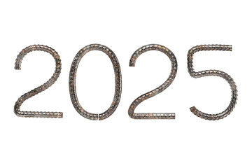 New Year 2025. Numbers are bent from rusty steel reinforcement. Construction concept. Transparent background. 3D rendering