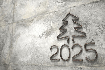 New Year 2025. Numbers and Christmas tree bent from rusty steel rebar sticking out of concrete. Construction concept. 3D rendering