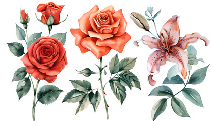 Roses and lilies. Colorful Watercolor summer flowers, leaves isolated background. Watercolor hand drawing Botanical