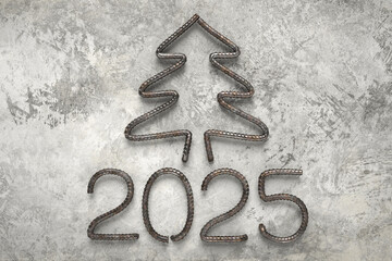 New Year 2025. Numbers and Christmas tree bent from rusty steel rebar sticking out of concrete. Construction concept. 3D rendering