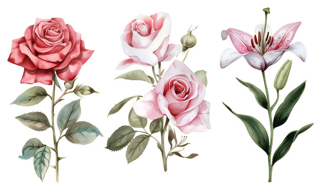 Roses and lilies. Colorful Watercolor summer flowers, leaves isolated background. Watercolor hand drawing Botanical