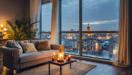 Cozy urban living room with candlelight ambiance overlooking a city skyline during twilight hours