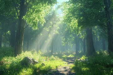 Obraz premium Sunbeams shine through the dense canopy of a lush, green forest. A dirt path winds through the foliage, inviting exploration.