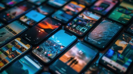 A collection of smartphone screens showcases captivating short videos and stories playing in a lively and colorful arrangement. Generative AI