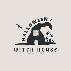 witches house halloween party logo vector vintage illustration design. invitation for halloween party, sign and symbol