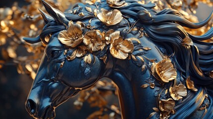 Fantasy Gold Unicorn with Flowers