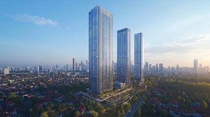 Obraz premium Two modern skyscrapers rise above a cityscape at sunrise.