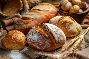 A variety of freshly baked breads, including loaves and rolls, displayed on a rustic cloth with wheat and baking tools, evoking a warm, homemade feel.