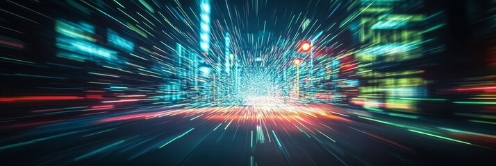 Abstract image of city lights at night, creating a futuristic and fast-paced background.