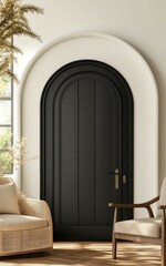 A small black mockup frame hangs in an elegant living room, flooded with natural light, featuring wooden floors, arched windows, and comfortable rattan chairs.