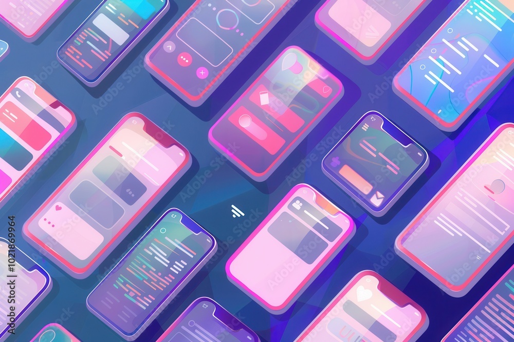 Aufkleber Multiple smartphone screens showcase dynamic stories and short videos in a colorful, interactive digital environment. Generative AI