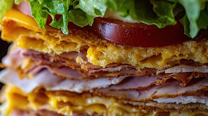 A delicious multi-layered sandwich stacked with ham, cheese, lettuce, and tomato, showcasing vibrant colors and tempting textures.