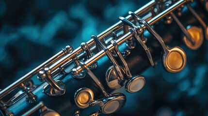 Obraz premium A close-up of silver flute keys glistening against a blue backdrop, showcasing details of the instrument's design and craftsmanship.
