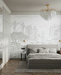 Modern bedroom in white details with a wallpaper..