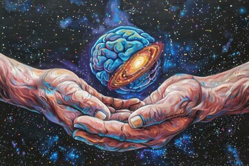 A captivating illustration of hands cradling a brain-shaped planet amidst a cosmic backdrop, symbolizing the connection between mind and universe.