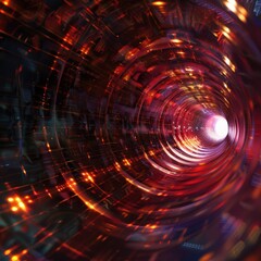 Observing a light source creates a quantum tunnel across the zero point field. A vibrant, swirling tunnel of lights in red and orange hues, evoking a sense of motion and depth.