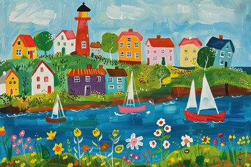 A vibrant seaside village with colorful houses, a lighthouse, and sailboats on the water, surrounded by blooming flowers under a bright, cheerful sky.