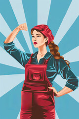 A strong woman in overalls flexes her arm confidently against a sunburst background, embodying empowerment and determination.