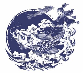 tshirt design, line art of A pilot riding on the back off an asian koi fish in clouds. a large fish through stylized waves under a crescent moon, embodying harmony between human and nature.