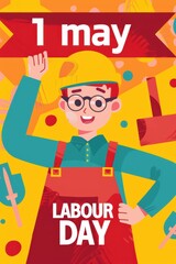 A cheerful illustration celebrating Labour Day on May 1, featuring a worker in overalls and a hard hat, surrounded by tools and vibrant colors.