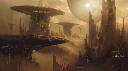 A surreal, futuristic landscape featuring towering structures, floating islands, and a glowing celestial body, all enveloped in a warm, otherworldly atmosphere.