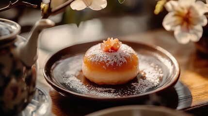 A beautifully plated dessert featuring a glazed donut topped with powdered sugar and a flower garnish, surrounded by elegant decor.
