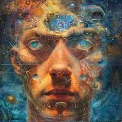 A surreal depiction of a face merging with a cosmic landscape, featuring vibrant colors and celestial elements.