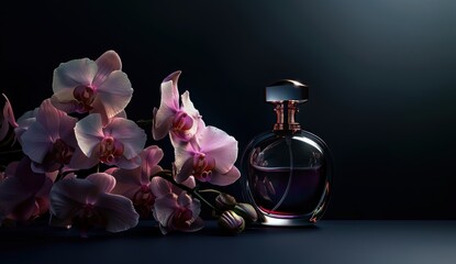 A beautifully lit perfume bottle next to delicate pink orchids, exuding elegance and allure in a dark, moody background