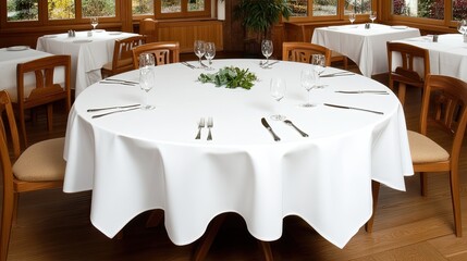 A beautifully arranged round table is set for a wedding reception with crisp white linens and a lush eucalyptus garland, illuminated by soft natural light from large windows