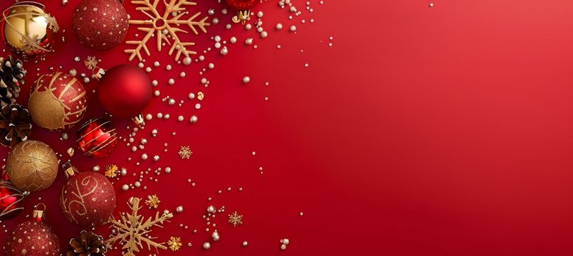 A Festive Christmas Background in Red and Gold with Ornaments and Snowflakes exudes a cheerful and elegant holiday atmosphere, ideal for celebrating the season warmly and joyfully