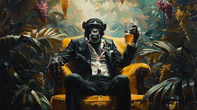 A monkey dressed in a formal suit sits comfortably in a chair, holding a glass of beer, with a lush jungle in the background.