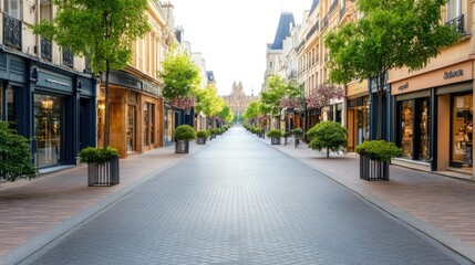 Obraz premium The sunset casts a warm glow over the deserted streets of Paris, lined with luxury stores featuring white walls and black windows, creating a serene and elegant ambiance