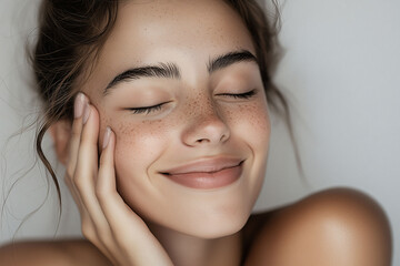 L&auml;chelnde Frau mit makellosem Gesicht und strahlend sch&ouml;ner Haut, Beauty Face f&uuml;r Kosmetikwerbung, Ebenm&auml;&szlig;igen Teint