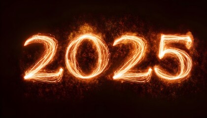 2025 fire text effect, isolated on a dark background, colorful banner. Fire Text, New Year Background banner