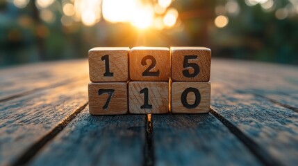 Wooden blocks with numbers 125, 710 on a rustic wooden table with sun shining in the background.