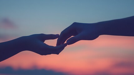 A pair of hands gently touching, silhouetted against a calm, twilight sky. generative ai