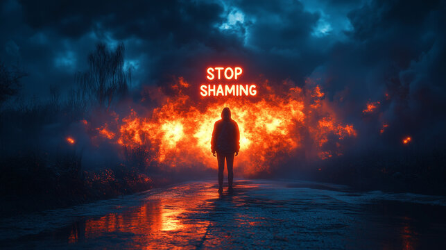 A person standing tall while harsh words break apart around them, with "STOP SHAMING" written in glowing letters at the top.