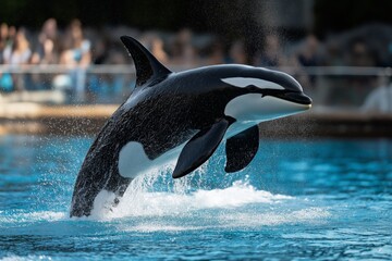 Obraz premium An orca leaps from a pool, splashing water into the air as an audience watches in the background