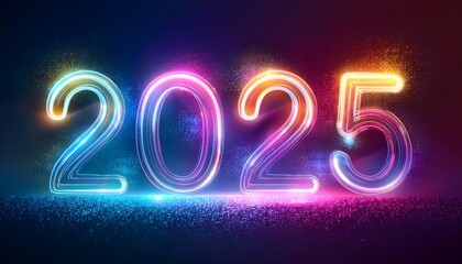2025 neon shiny Sparkles text effect, isolated on a dark background, colorful banner. New Year Background banner