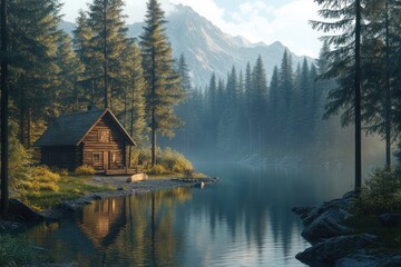 Fototapeta premium A wooden cabin sits on the edge of a tranquil lake surrounded by a dense forest and majestic mountains in the distance. The morning mist hangs over the water,