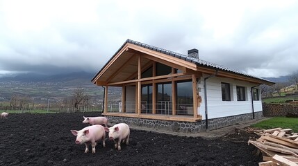 Pigs with pinkish-white skin explore their pen, surrounded by gray soil and scattered building materials, while a farmhouse looms under rolling, dark clouds