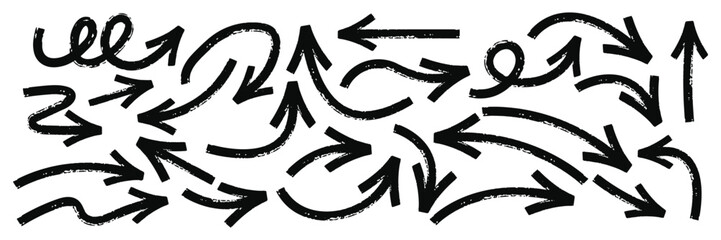 Hand drawn Vector arrows, Different brush drawn charcoal arrows, and Various bold brush-drawn curved arrows.