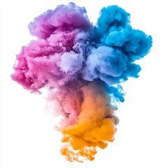 Fototapeta premium A vibrant mixture of pink, blue, and orange smoke billows upward, creating an abstract visual effect against a white backdrop
