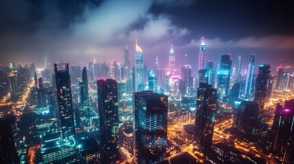 Fototapeta premium Vibrant night skyline of a modern city with glowing skyscrapers and bustling streets illuminated by colorful lights
