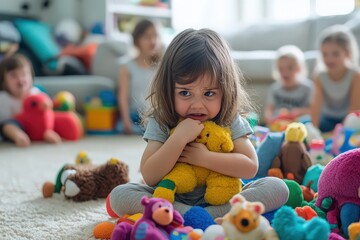 Defiant child sitting alone in playroom, refusing to socialize, surrounded by toys and frustration.