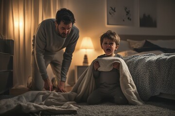 Child in pajamas having bedtime tantrum, parent nearby holding a blanket, bedroom scene.
